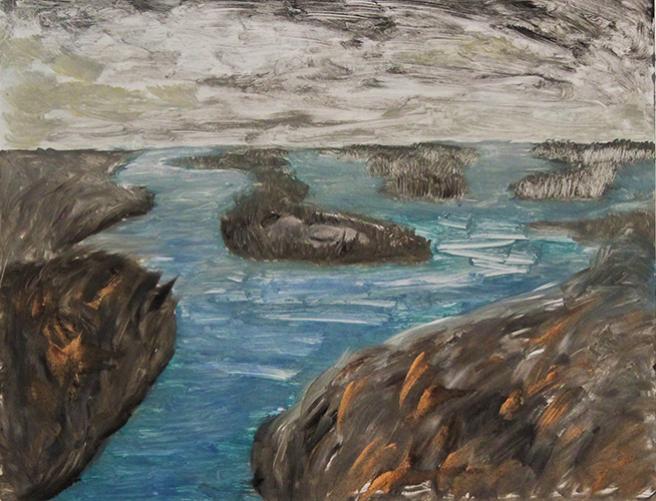 Colored oil print of landscape of river that y's off into a marshy distance